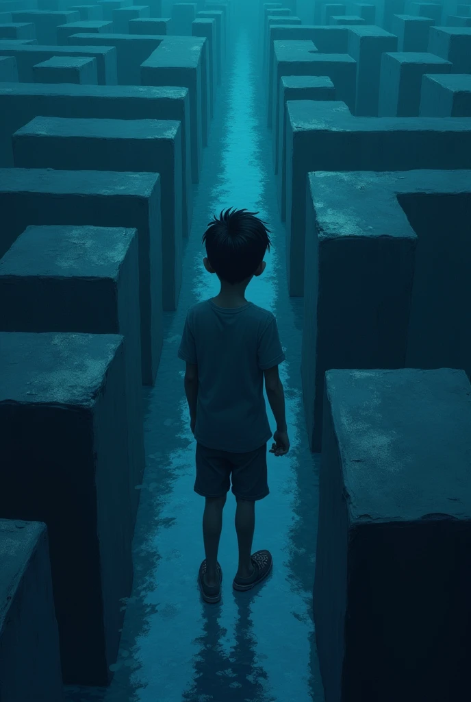 a boy trapped in the maze, blueish color a little sad 3000x3000