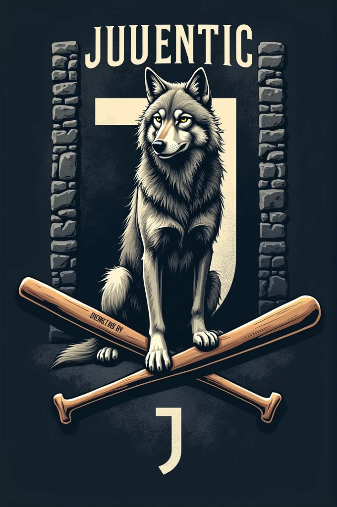 I want to create a logo , of a wolf sitting on a broken baseball bat , in the back the path of swords together to the throne of game of thrones , and behind a stone wall with the J of the Juventus football team