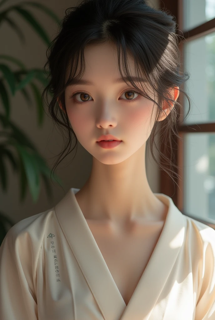 An elegantly dressed Japanese woman in natural light、A close-up of her chest and calm expression.、It shows her inner peace and outer charm.。