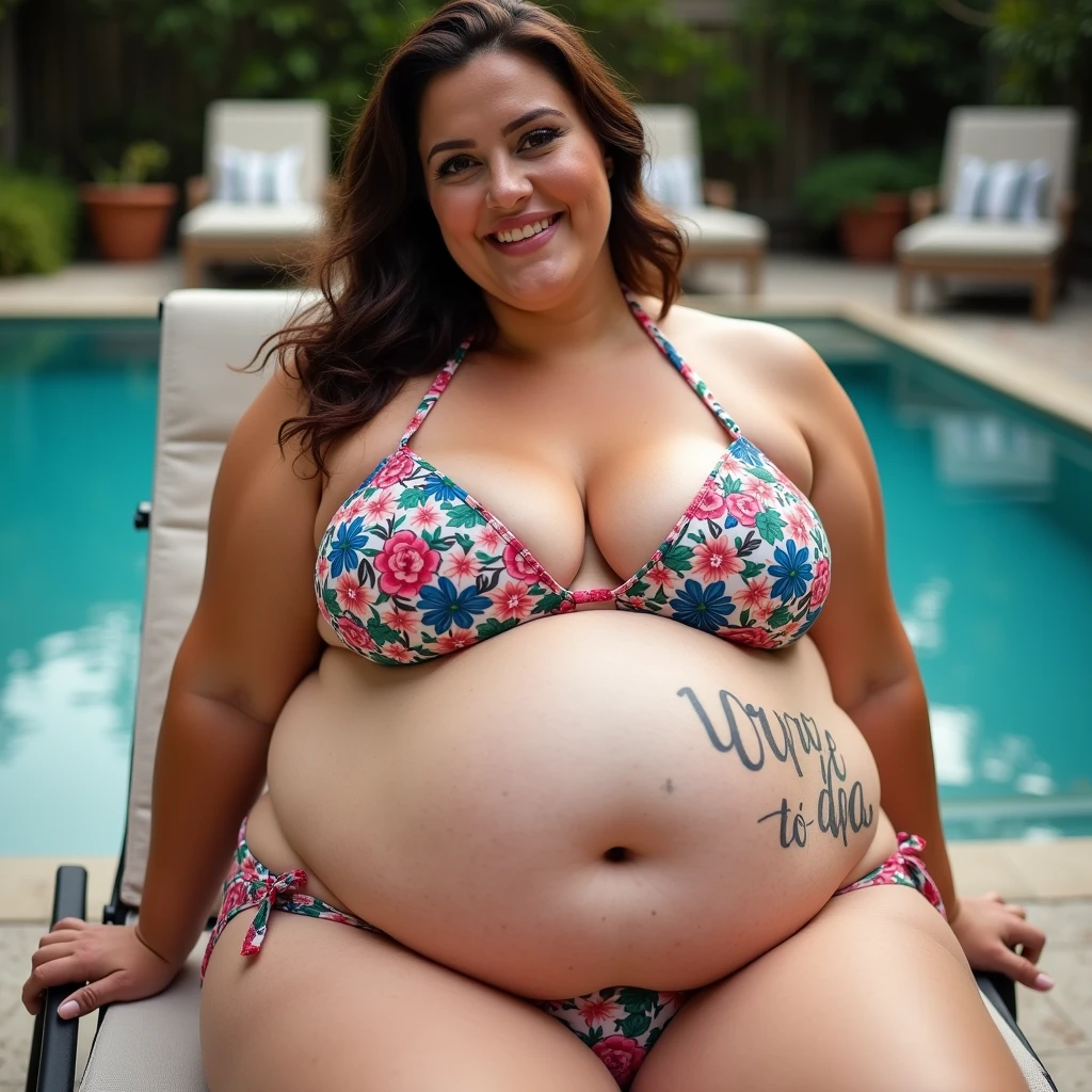 A woman is 200kg obese with a lot of belly fat, like Tess Holliday, she is a plus size model with a beautiful face, she is wearing a colorful bikini swimsuit and has a big belly, she is an obese American female sumo wrestler with a very large belly, her belly is bulging and covered with a lot of fat, she has a nice saggy belly and a tattoo around her navel, she is sitting on a deck chair by the pool in a luxury hotel, 4K quality, low angle