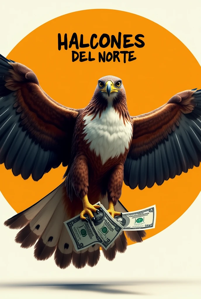 Create a realistic image of a hawk inside a large bright orange circle with open wings clutching a wad of dollars in its claws and on top a black text in Spanish that says HALCONES DEL NORTE WIN