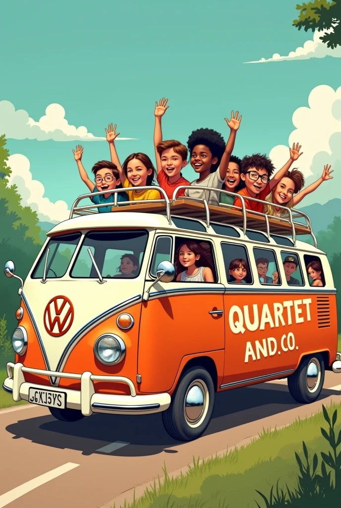 CREATE A DRAWING OF A KOMBI WITH 7 YOUNG PEOPLE INSIDE THE CAR, WITH WORDINGS ON THE SIDE "QUARTET AND CO."