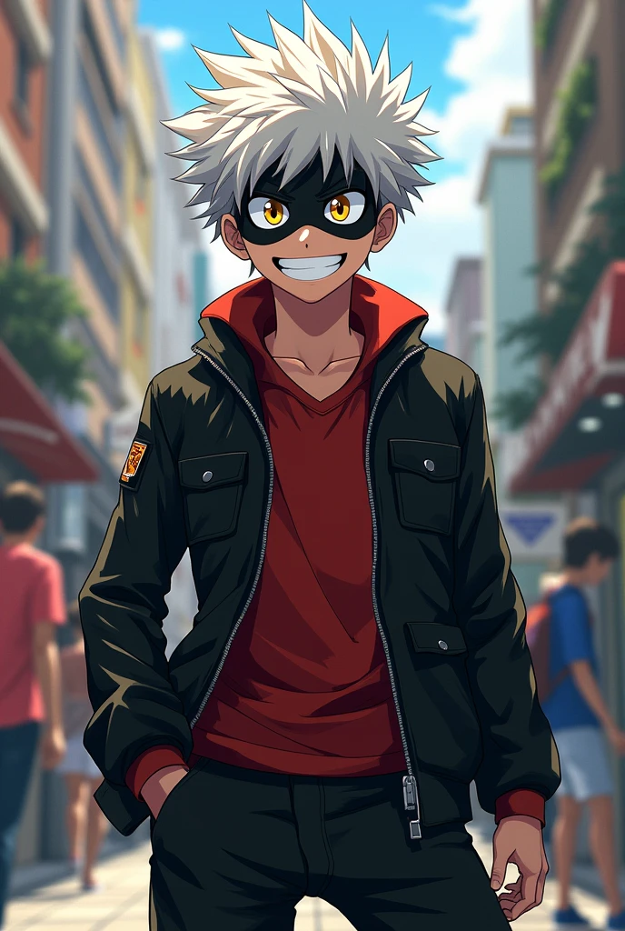 Capture of a man from my hero academy with a black jacket, red shirt and black pants with a mask of a smiling face with white hair and honey-colored eyes 