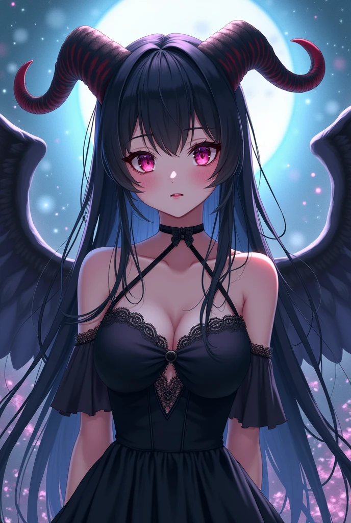 Ultra-high resolution, Clear face, (Reality: 1.4), perfect lighting,(photorealistic), anime wallpaper, Guviz style artwork, fantasy to magic cover, beautiful artwork illustration, beautiful digital artwork, beautiful digital illustration , beautiful portraits, illustrations, delicate and beautiful, highly detailed, fine details, official art, highly detailed unity 8k CG wallpapers, highly detailed, high resolution, highly detailed, highly detailed eyes and faces, beautifully detailed eyes, cinematic lighting,1girl, solo, long hair, black hair, Twin horns, dress, black dress, wings, standing, (upper body),