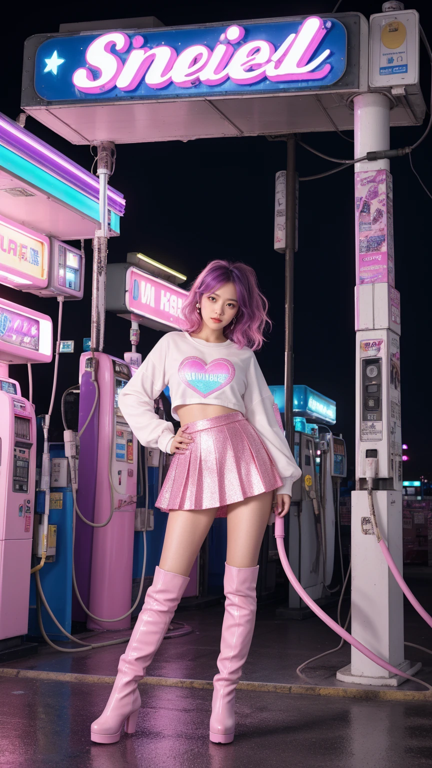 A young woman in a futuristic, sparkly outfit stands confidently amidst a surreal, neon-lit gas station. The gas pumps, adorned with stars, are suspended in mid-air, their hoses swaying playfully. The scene is drenched in vibrant pink and purple hues, creating a hyperrealistic and otherworldly atmosphere, moni tiered layered skirt, pink boots, white pink heart poppin printed top, unusual fashion choices, light brown soft waves hair