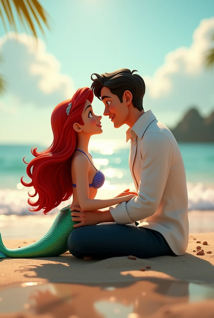 A  3d animated picture of Ariel and Prince Eric sit on a sunlit seashore, the gentle waves lapping at their feet. Ariel, in her shimmering green tail and seashell bra, glows with an otherworldly beauty as her red hair flows around her like a fiery halo. Prince Eric, dressed in his classic white shirt and navy trousers, gazes at her with deep affection. They are framed by a tranquil, azure sea and a sky streaked with golden hues, creating a serene and romantic moment where the land meets the sea.