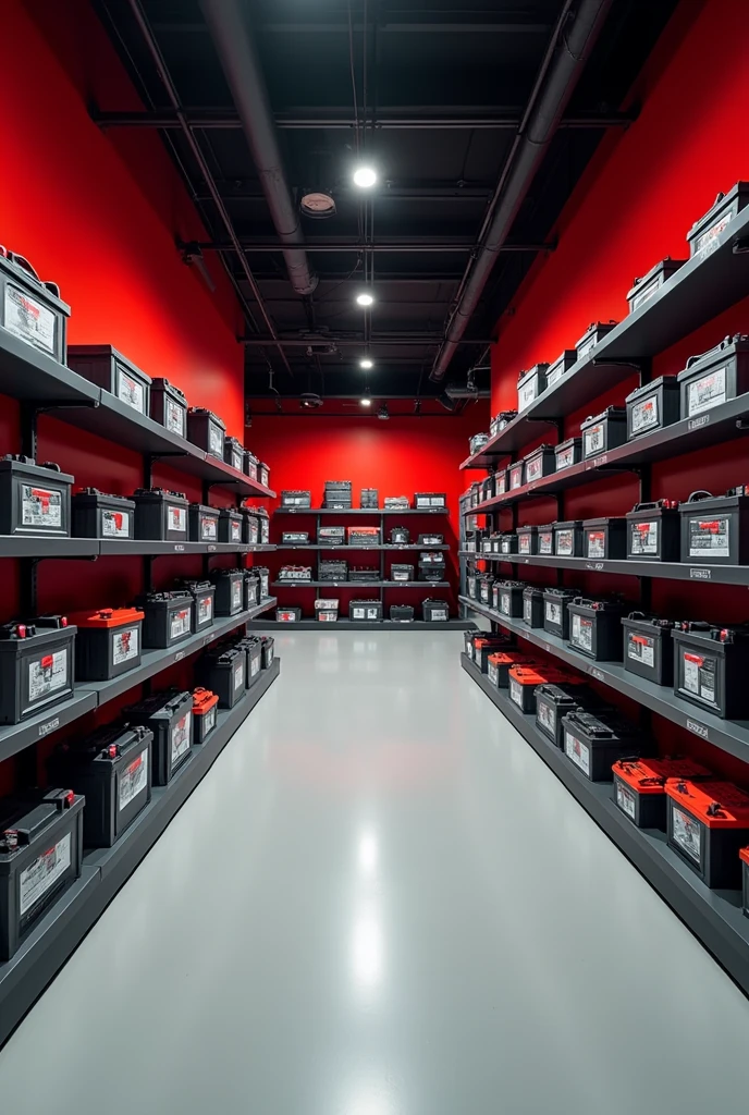 I want to open a business selling car batteries, that it is a modern place, car batteries on various shelves, that red and black colors predominate, minimalist.
I want an inside view of the business