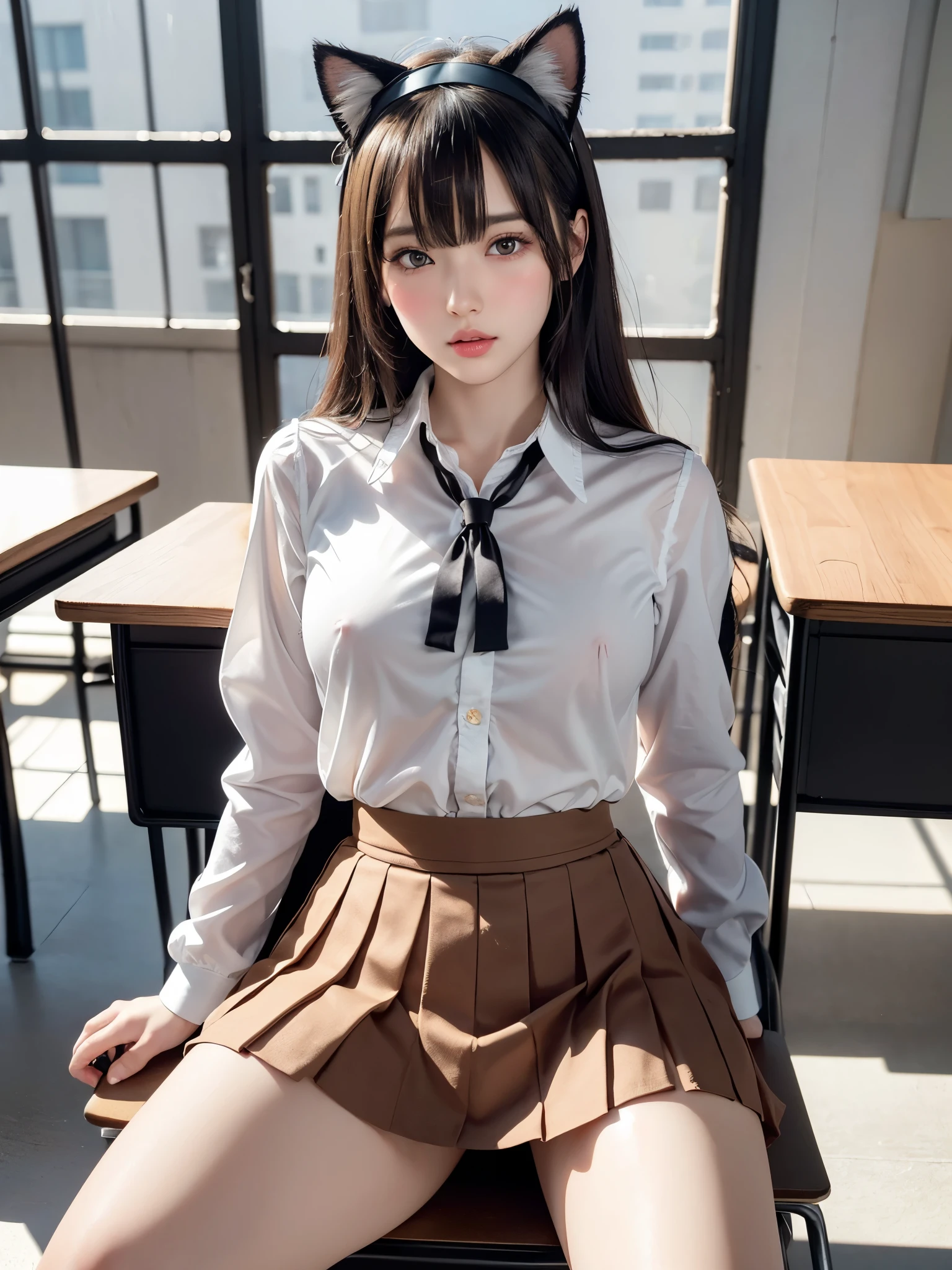 (UHigh resolution, retina, masterpiece, Accurate, Anatomically correct, Textured skin, Super Detail, Attention to detail, high quality, 最high quality, High resolution, 1080P, High resolution, 4K, 8k, 16K), (美しいAttention to detail目, Beautiful lip detail, Highly detailed eyes and face), Soft lighting, Physically Based Rendering, Vibrant colors, (((Uniform skirt))), (A cute girl wearing cat ears headband and a school uniform skirt, sitting on a desk in a classroom,High School Uniform), (Glowing Skin, blush), (Wide angle), Eye Reflexes, (Staring at the audience),(Thighs,whole body,艶やかなThighs)(Detailed chest,Detailed nipples,Detailed genitals,Open your legs,Show off your crotch)