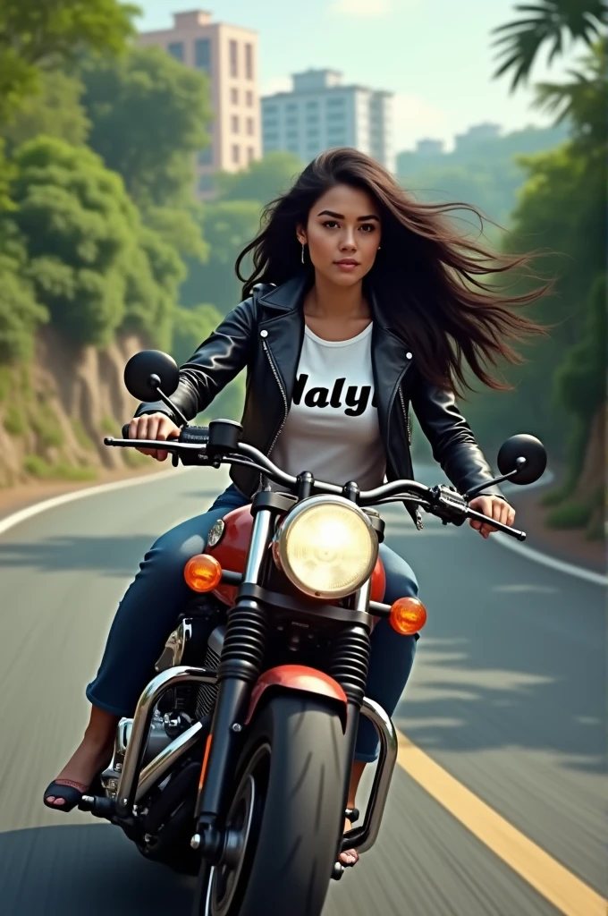 Real one pinay women beautiful with jacket leather T -shirt white printed name "Nalyn"riding In motor bike in road