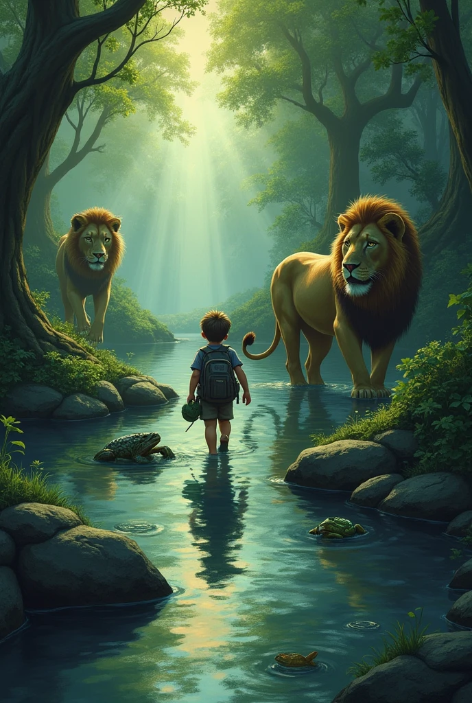 The lost explorer - (scared child), A stream with frogs and two hungry lions