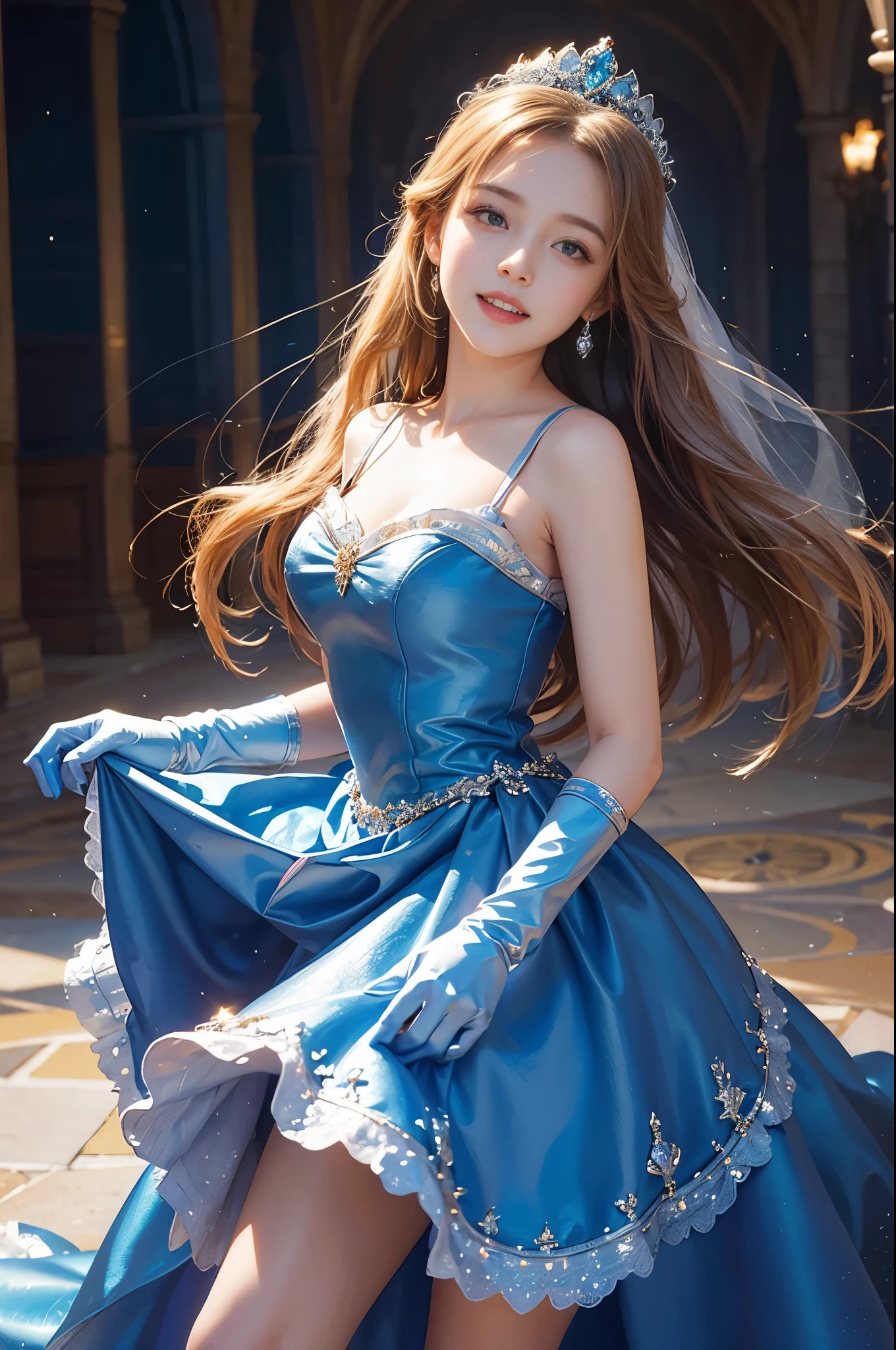 best quality, masterpiece, 1 girl, Disney's Cinderella, long hair, A huge laugh, cute , shiny lips, sweet, sun glare, Conservative attire, Blue dress, Blue gloves, Bridal Tiara, depth of field, blurred background, Ballroom background, light particles, strong wind, head tilt
