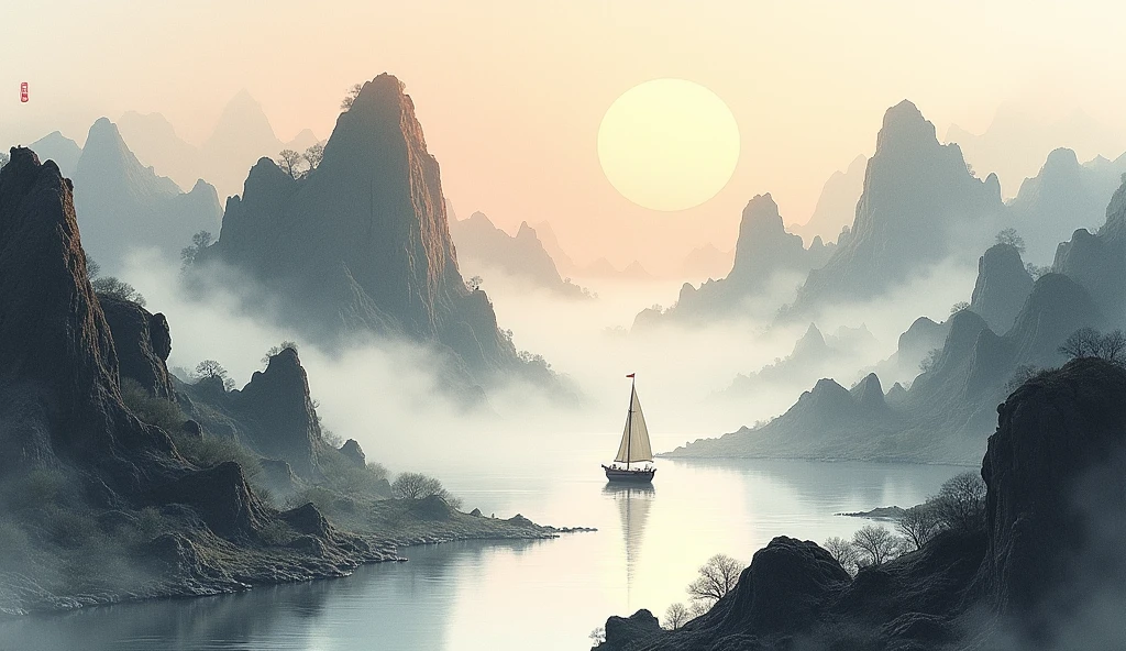 Chinese landscape painting，ink and watercolor painting，water ink，ink，Soil，Vision，Ultra-wide viewing angle，meticulous，There is a light boat in the distance，Vision，meticulous，Soil，Low saturation，Low contrast，The boat has passed thousands of mountains，Beautifully depicted，detailed，Acura，masterpiece，masterpiece