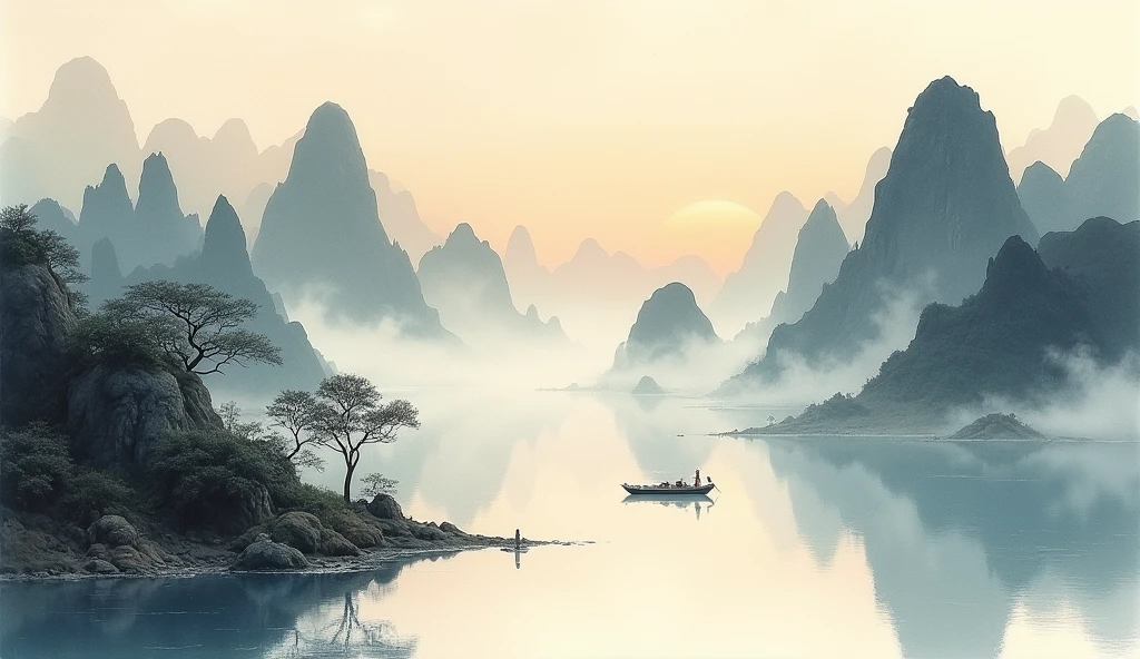 Chinese landscape painting,ink and watercolor painting,water ink,ink,Soil,Vision,Ultra-wide viewing angle,meticulous,There is a light boat in the distance,Vision,meticulous,Soil,Low saturation,Low contrast,The boat has passed thousands of mountains,Beautifully depicted,detailed,Acura,masterpiece,masterpiece