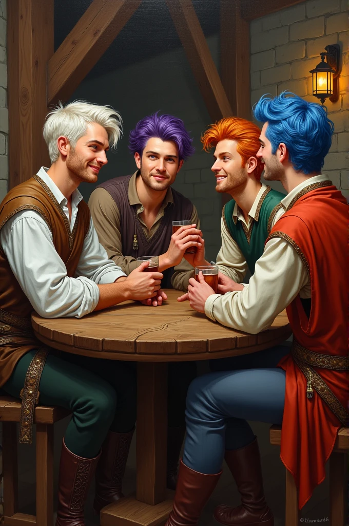 Create a painting of five 27-year-old men with medieval appearance and clothing who are happily chatting around a table. The first one has platinum hair, light grey eyes and pale skin. The second one has dark purple hair, emerald green eyes and pale cinnamon skin. The third one has bright orange hair, amber or golden eyes and warm skin. The fourth has light blue hair, stormy grey eyes and pale skin. Finally the fifth has blue hair
