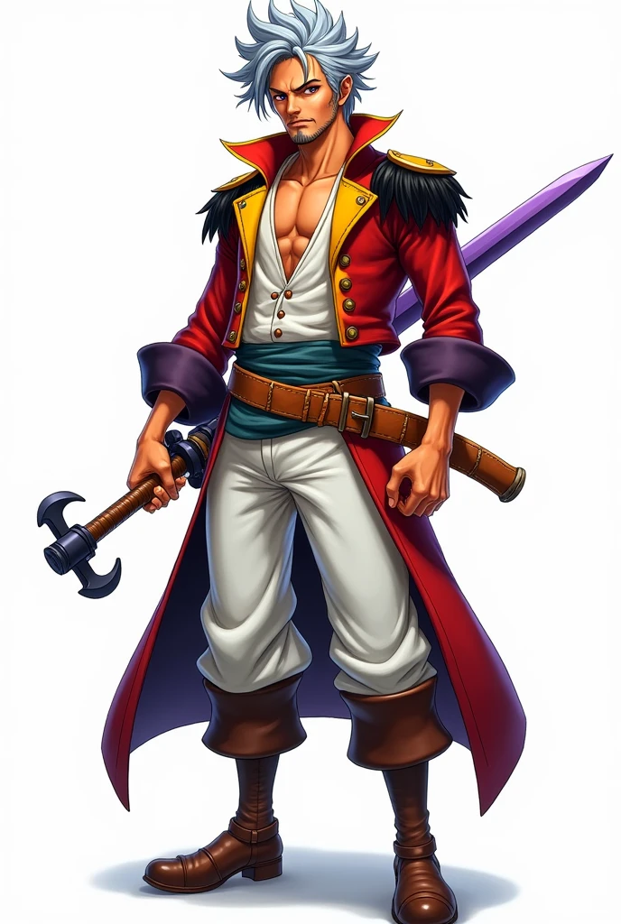 make a full body image of a man in the style of “One Piece”. He has deep, striking purple eyes., orange skin, half tanned. messy hair that is a darker gray on top, which becomes lighter as it goes down to the fringe. He has a small beard and no mustache.. Your clothes are very piratey, your blouse underneath is an old yellowed white shirt, with a red pirate jacket with yellow details on top, pirate shoulder pads, is "layer" black on the back, your sleeves extend to your wrist, which remains in a white glove. ele usa calcas largas brancas is bota de couro, and carries a powerful purple sword. He's on a white background.