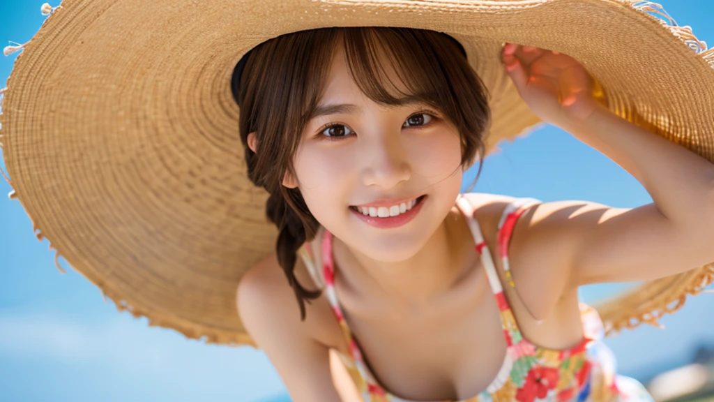 best quality ,masterpiece,ultra high res, very beautiful, kawaii, (photo realistic:1.4), 1girl, Japanese, brown hair, Cinematic, 35mm lens, f/ 1. 8, accent lighting, 8k, sundress, straw hat, Beach Resort, smile, from below, clear sky