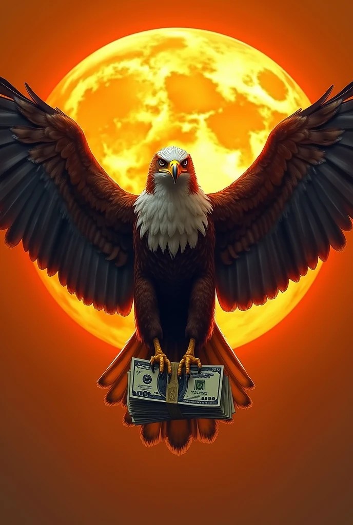 Create a realistic image of a hawk inside a large bright orange circle with open wings clutching a wad of dollars in its claws and on top a black text in Spanish that says HALCONES DEL NORTE WIN