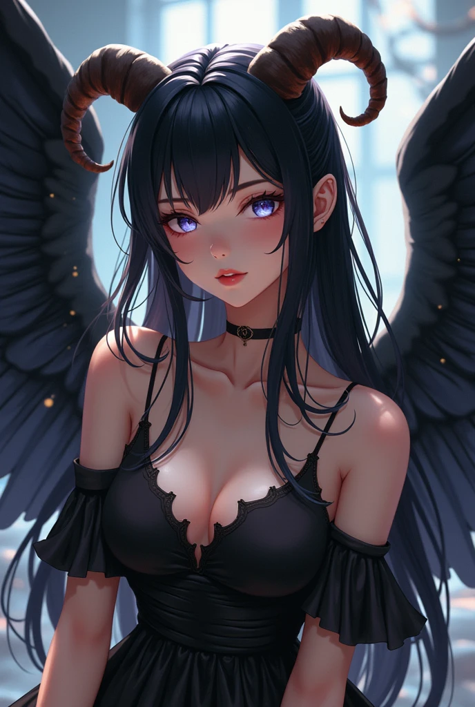 Ultra-high resolution, Clear face, (Reality: 1.4), perfect lighting,(photorealistic), anime wallpaper, Guviz style artwork, fantasy to magic cover, beautiful artwork illustration, beautiful digital artwork, beautiful digital illustration , beautiful portraits, illustrations, delicate and beautiful, highly detailed, fine details, official art, highly detailed unity 8k CG wallpapers, highly detailed, high resolution, highly detailed, highly detailed eyes and faces, beautifully detailed eyes, cinematic lighting,1girl, solo, long hair, black hair, Twin horns, dress, black dress, wings, standing, (upper body),