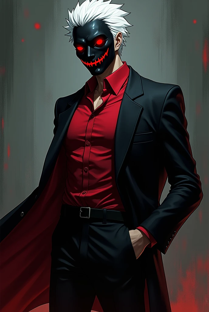 Capture of my hero academy villain with black jacket, red shirt and black pants with a smiley face mask with white hair and honey-colored eyes 