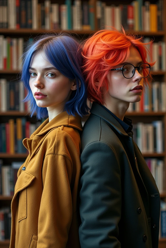 2 heads, Female Male Couple, age 28, two heads in one body, a torso, hipsters, multicolored hair, moda hipster, At the bookstore,