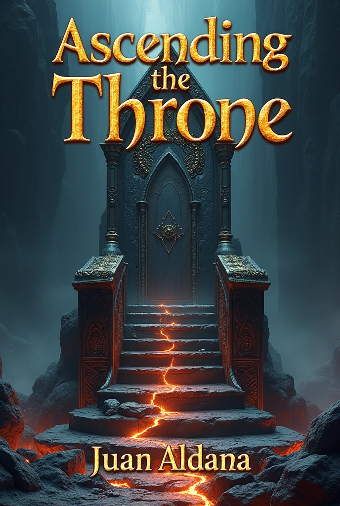 A book cover.

The title will be: Ascending the Throne. It will be centered at the top and written in gold..

In the center of the cover you will see a throne made of volcanic rock and precious stones embedded around it..

Below in the center will be the name of the author which is: Juan Aldana. Also written in golden letters.

It is important, The title of the book must be in Latin Spanish.