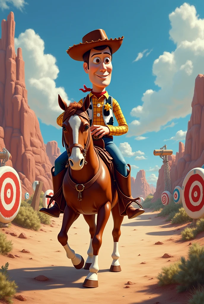 Woody riding the Toy Story shooting range in the exaggerated Botero style