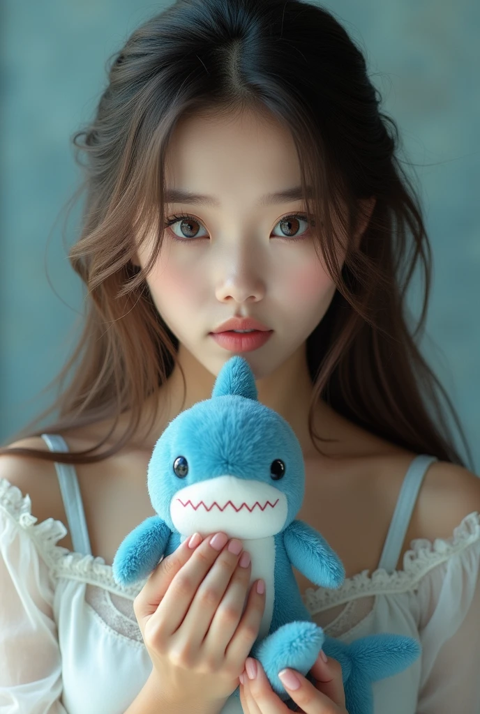 Beautiful girl with a stuffed shark