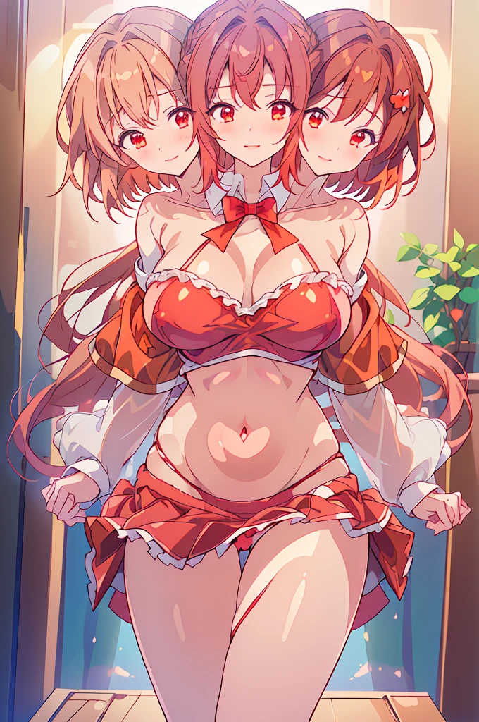 (masterpiece, best quality), best quality, (ultra-detailed), ((3heads:1.5)), 1girl, (yumemi okazaki:1.3), masterpiece, best quality, ultra quality, ultra resolution, ultra detail, red top, crop top, ((stomach)), midriff, ((groin)), red skirt, normal ears, shackles, dark red hair, short hair, red eyes, parted lips, sweat, super cute, open belly, toned belly, hand on own chest, eyelashes, (24 year old woman:1.3), (masterpiece:1.5), (best quality:1.5), (beautiful detailed), extremely detailed CG, extremely delicate and beautiful, depth of field, (finely detailed face), (perfect details:1.2), (mature female:1.3), smiling, smirk, slender, large veiny breast, 16k resolution, highres, very high quality, very high definition, extremely detailed, masterpiece, dark red hair, long hair, alluring presence, braid, short skirt, close up, very big tits, huge tits, young, midriff, nsfw, girl with three heads, three headed girl, ((redhead)),