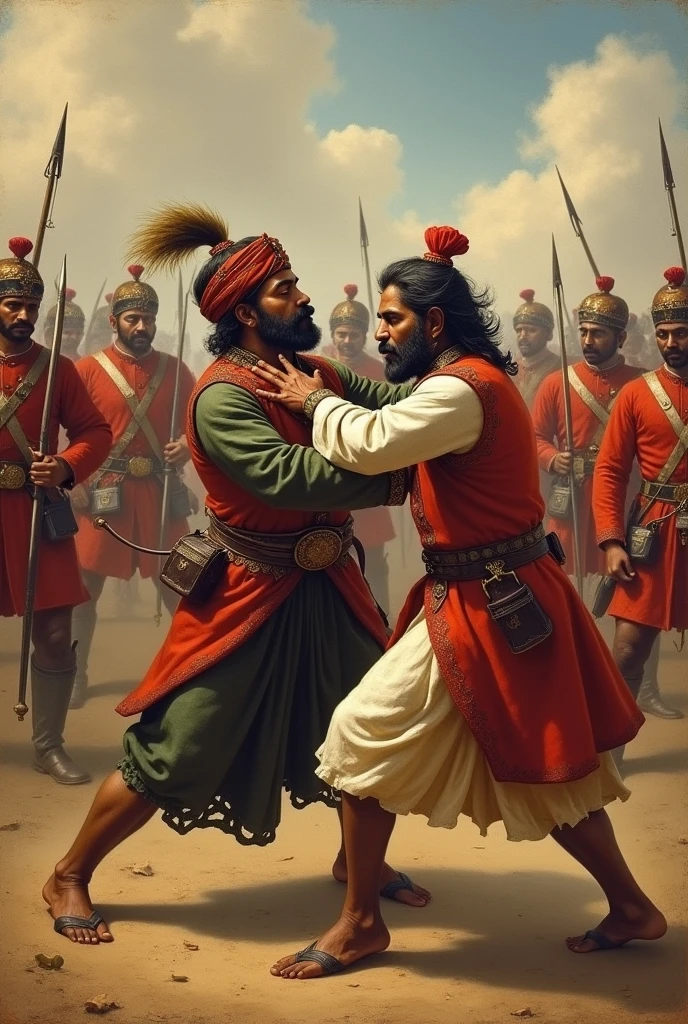 18th century Indian 40 year old  man in brown complextion in male gown  with big moustache and turban attacking a muslim offical is gownfrom behind surrounded  by Mysore and British soldiers in red uniform fighting in the background 

