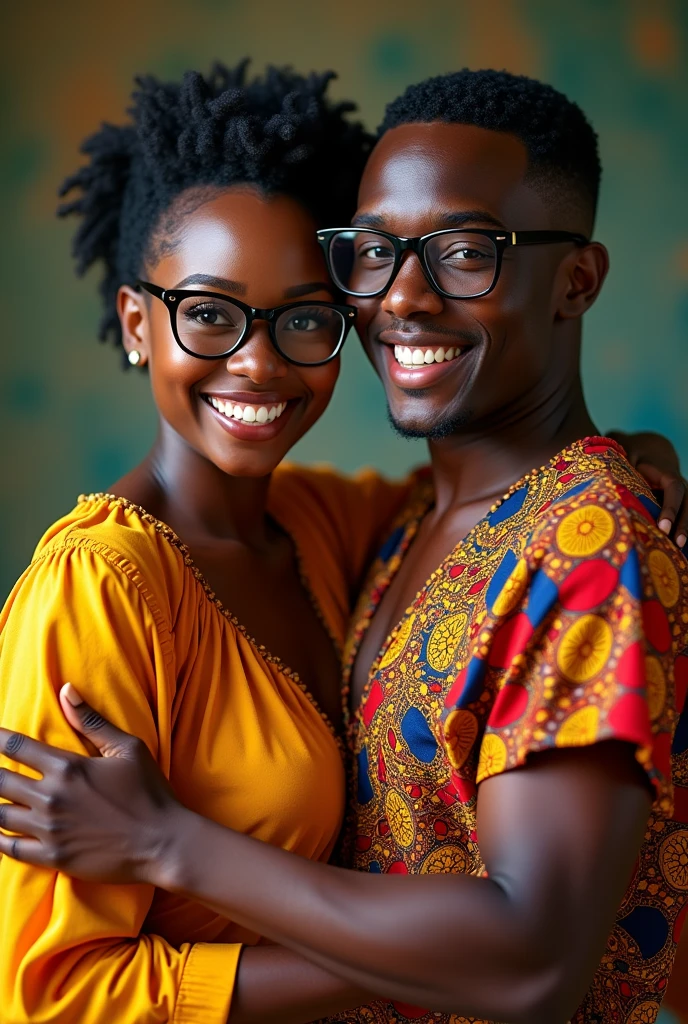 (photorealism:1.2), a beautiful black couple with short hair, wearing African clothing,both wearing black oversized glasses smiling and hugging watching the camera.