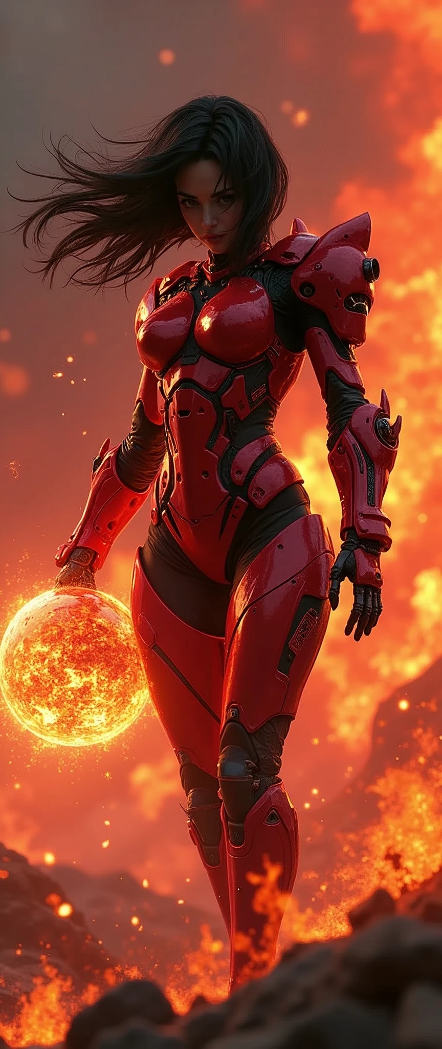 (masterpiece:1.2, Highest quality,High resolution,Super detailed),8k,wallpaper,(Very detailed),(Armored Core Style),Woman in ninja robot armor,Black Hair,Random Hairstyles,(Flame Ninja),(Red body),(Detailed face:1.3),(Detailed body:1.3),(Cowboy Shot:1.6),(The background is a red battlefield and a frog made up of a giant flame.:2.0),Hair blowing in the wind,cyber punk,(dynamic),(Preparing for battle,Stores a ball of fiery energy in the palm of your hand:2.0,The electronic parts of the armor glow.:1.6),(Detailed hands:1.6),(Flashy special move effects:2.0)