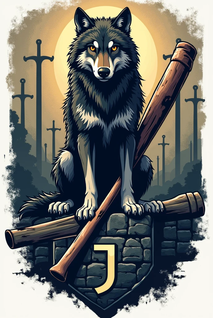 I want to create a logo , of a wolf sitting on a broken baseball bat , in the back the path of swords , and behind a stone wall with the J of the Juventus football team