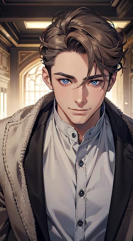 a mature man with short grey Brown hair, blue eyes, 34 years, and a perfect face, smiling in love, CEO, cinematic lighting, 1:4 HDR image, top view, ultra detailed, best quality, masterpiece, 8K, photorealistic, beautiful image