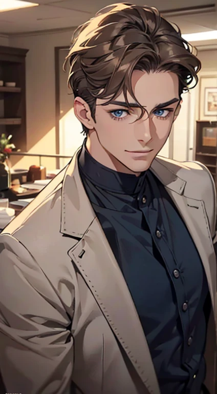 a mature man with short grey Brown hair, blue eyes, 34 years, and a perfect face, smiling in love, CEO, cinematic lighting, 1:4 HDR image, top view, ultra detailed, best quality, masterpiece, 8K, photorealistic, beautiful image
