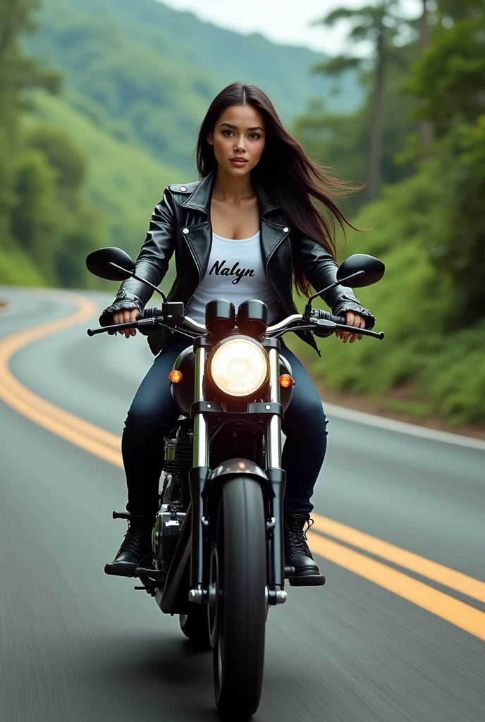 Real one pinay women beautiful with jacket leather T -shirt white printed name "Nalyn"riding In motor bike in road