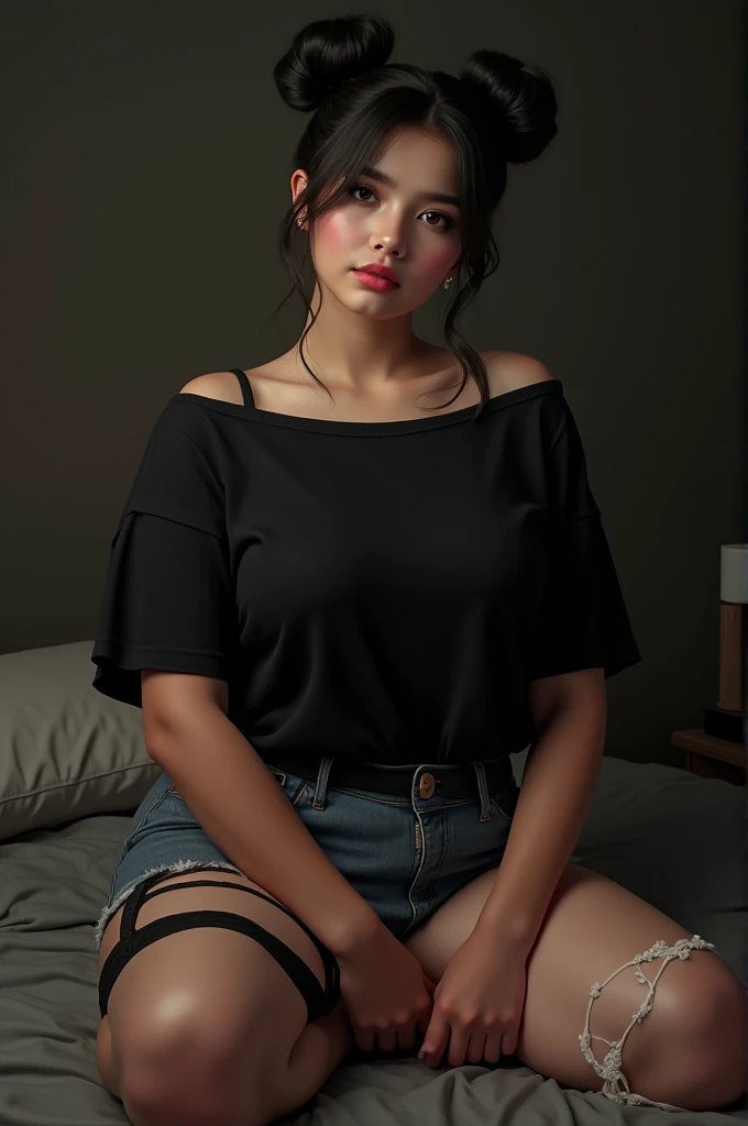 15yo girl, (Bun Hairstyle). Wearing Black oversize t-shirt, off shoulder, cleavage, natural big breast, ((show big thigh, plump body)), sitting on the bed. Dark background. ((Wear black stocking, black garter)). Wearing torn denim hot pants.