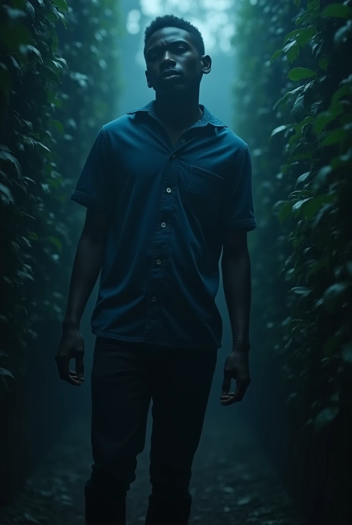 a black ager trapped in the maze, blueish color kind of sad image 3000x3000