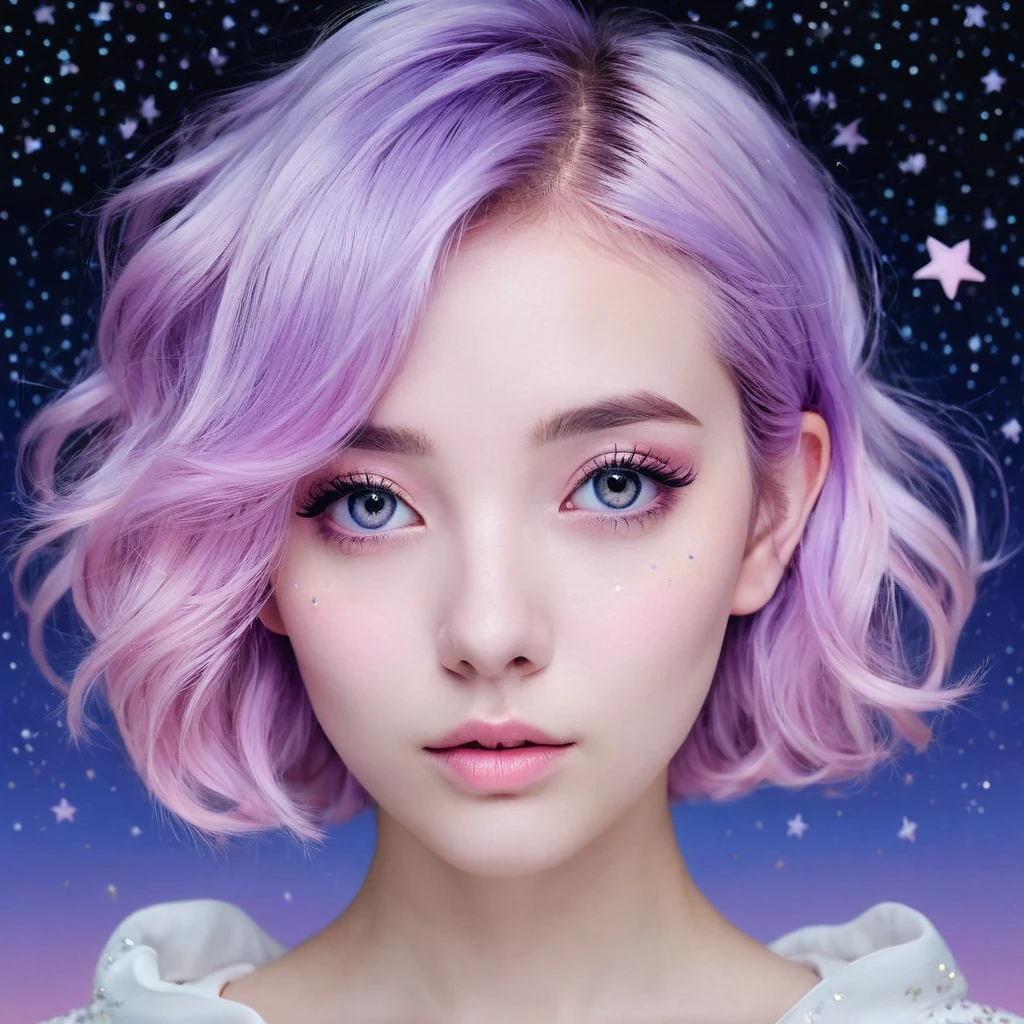 ((masterpiece,best quality)),(negative space:1.4),(1girl, solo:1.4),beautiful detailed eyes,floating pastel pink and lavender hair, lavender eyes, at night, starry sky, stars shining