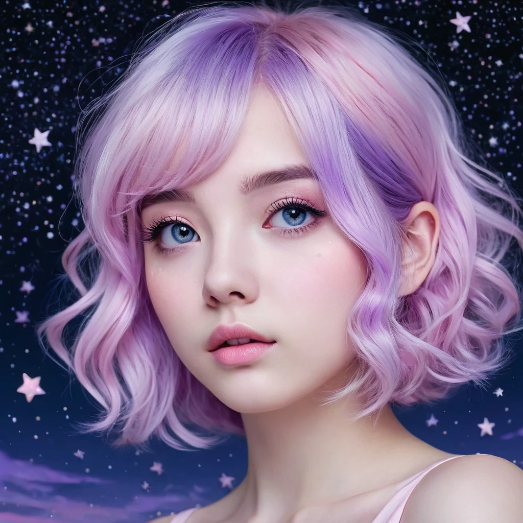 ((masterpiece,best quality)),(negative space:1.4),(1girl, solo:1.4),beautiful detailed eyes,floating pastel pink and lavender hair, lavender eyes, at night, starry sky, stars shining
