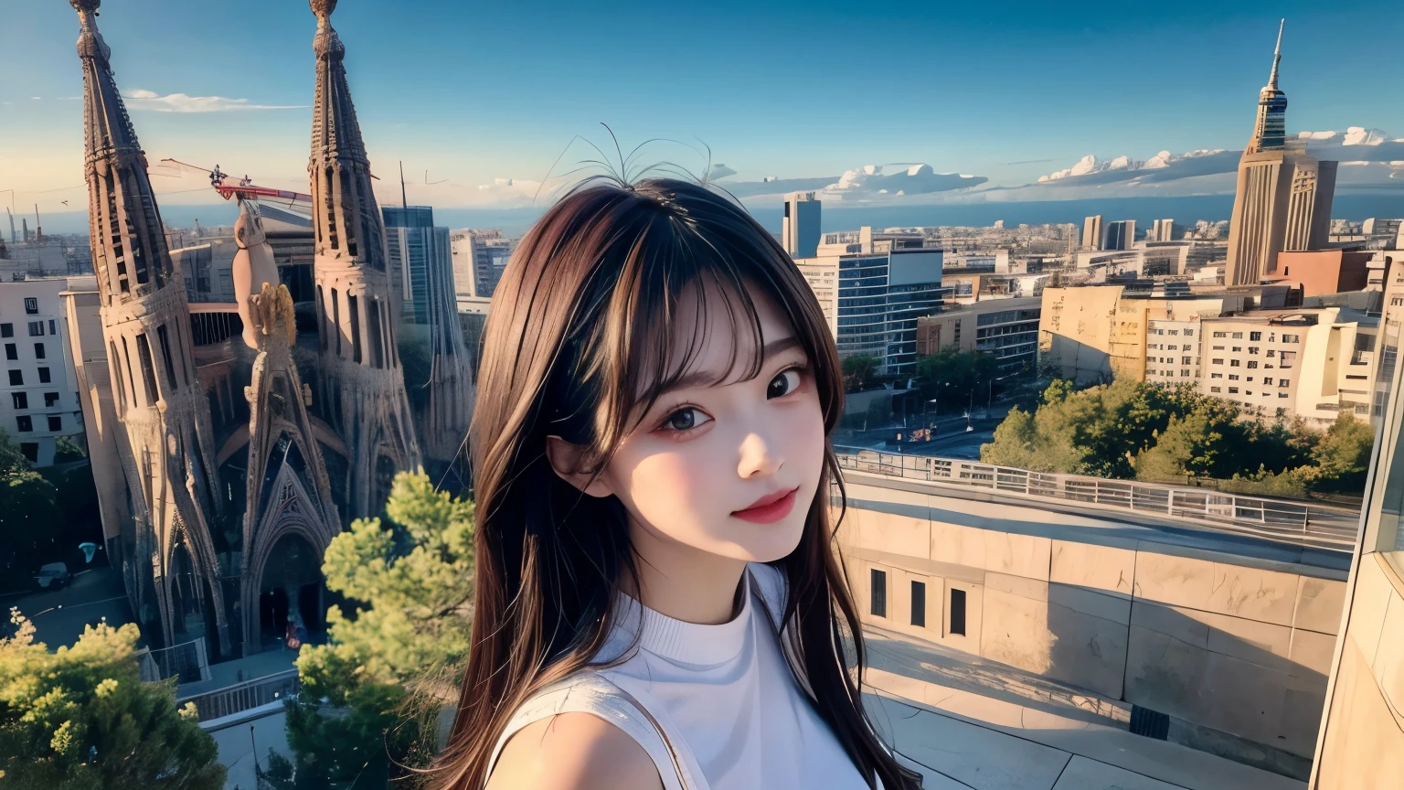 (masterpiece, highest quality:1.1), (Popart Style),Flat Color,(1 Girls),Cute face,Have a nice trip,(Sagrada Familia),Spain, Beautiful detailed scenery, Beautiful lighting,very happy,Dynamic pose,Portrait Photography, sharp,An illustration:unreadable, upper body, huge breasts, from above
