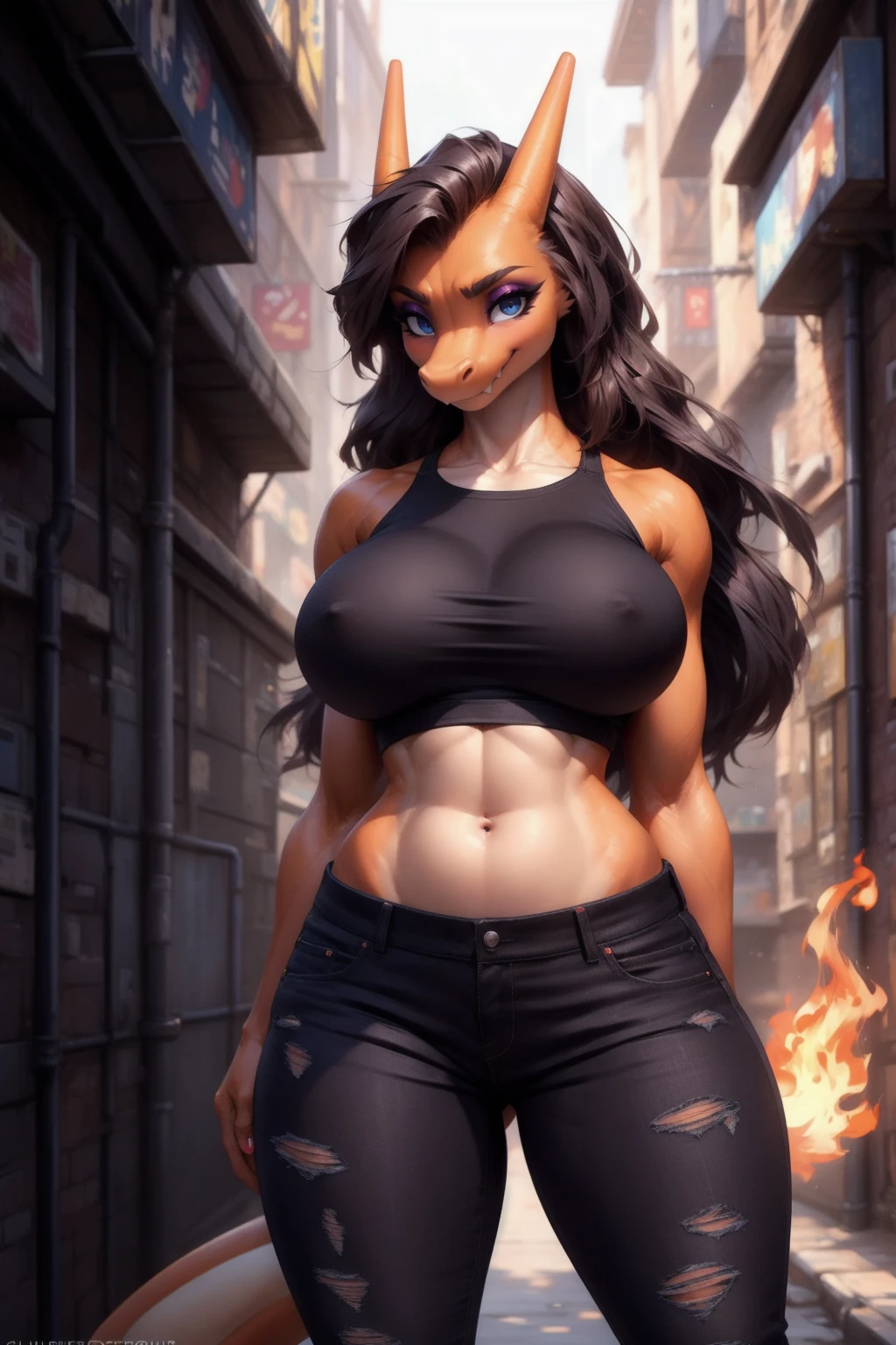 uploaded on e621, explicit content, 3d, cutesexyrobutts, hioshiru, female, solo, (charizard), pokemon, alleyway setting, (eyeshadow, black skinny jeans, crop top), clothed, clothing, three-quarter portrait, closeup, standing,  figure, big breasts, toned stomach, thick thighs, wide hips, long hair, expressive eyes,
