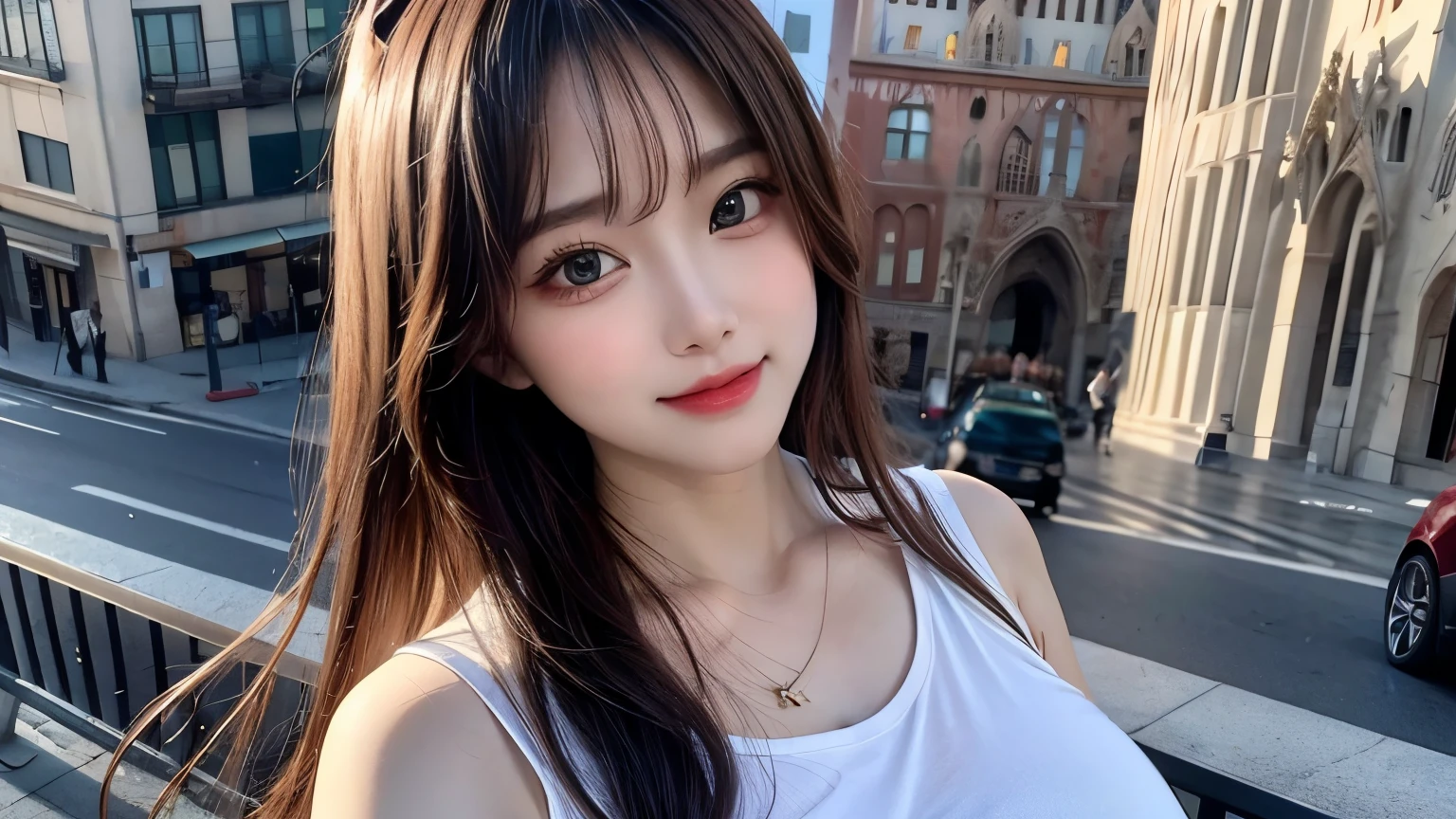 (masterpiece, highest quality:1.1), (Popart Style),Flat Color,(1 Girls),Cute face,Have a nice trip,(Sagrada Familia),Spain, Beautiful detailed scenery, Beautiful lighting,very happy,Dynamic pose,Portrait Photography, sharp,An illustration:unreadable, upper body, huge breasts, from above