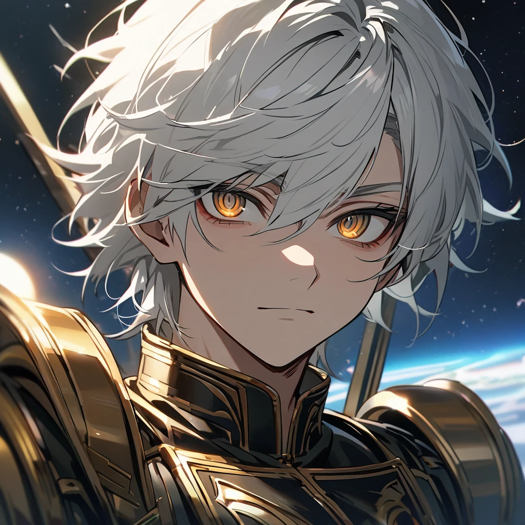 High quality, HD, 4k, no shadows, handsome male, 1male, 17 years old, teenager, short white hair, silver hair, white hair, sharp eyes, dark golden colored eyes, deep golden eyes, dark gold eyes, gold eyes, devil may cry, close up, calm expression, stoic expression, black leather clothes, white leather clothing, lean body, well trained body, looking at viewer, cowboy shot, white solar, space background