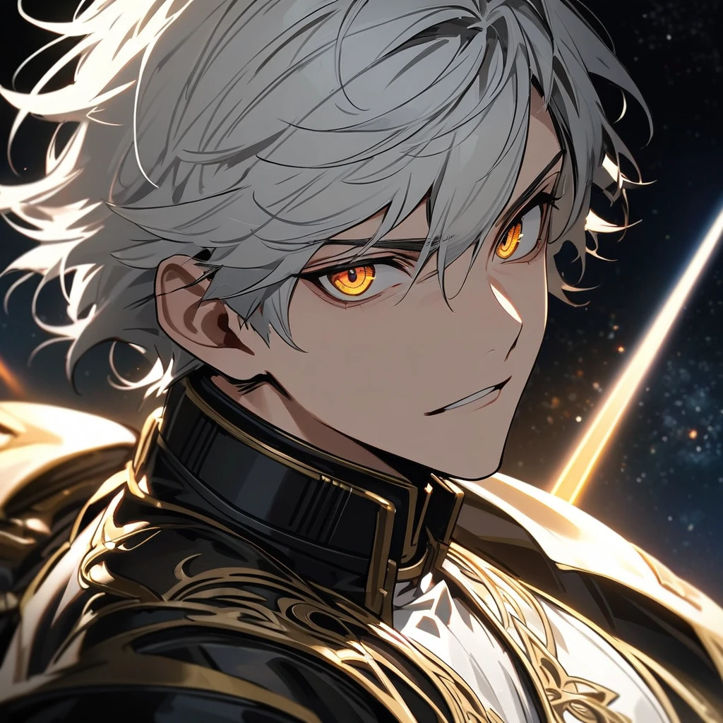 High quality, HD, 4k, no shadows, handsome male, 1male, , teenager, she hair, silver hair, white hair, sharp eyes, dark golden colored eyes, deep golden eyes, dark gold eyes, gold eyes, devil may cry, close up, calm expression, stoic expression, black leather clothes, white leather clothing, lean body, well trained body, looking at viewer, cowboy shot, white solar, space background