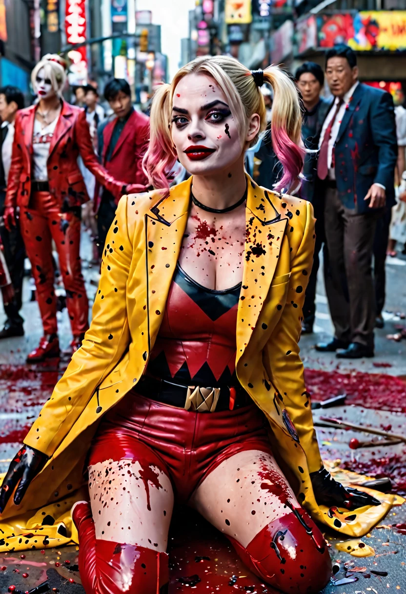 (Extreme complexity, two unique subjects) Margot Robbie as Harley Quinn (insane pretty face, tiny themed outfit Harley Quinn makeup on body, blood spatter) is wielding a bloody ball bat. Harley is standing over a confused Saitama who is lying on the ground on his back (iconic yellow suit, blood spatter, red cape, bald head). Downtown Tokyo