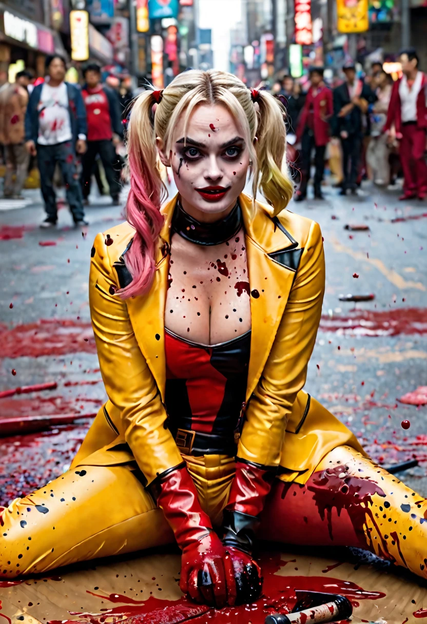 (Extreme complexity, two unique subjects) Margot Robbie as Harley Quinn (insane pretty face, tiny themed outfit Harley Quinn makeup on body, blood spatter) is wielding a bloody ball bat. Harley is standing over a confused Saitama who is lying on the ground on his back (iconic yellow suit, blood spatter, red cape, bald head). Downtown Tokyo
