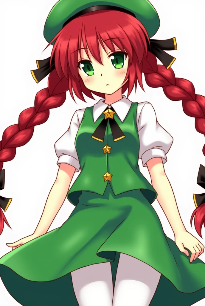 1girl, hong meiling (Touhou), green eyes, long hair, red hair, twin braids, chinese clothes, green headwear, beret, white shirt, green vest, green skirt, green dress, collared dress, puffy short sleeves, frilled sleeves, black ribbon, neck ribbon, white pants, star (symbol), black bow, hair bow,((Touhou Project)),(((Gatekeeper of the Scarlet Devil Mansion))),(((Wearing fighting spirit))),(((Awakened Aura)))