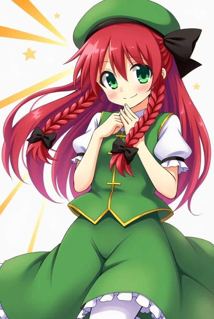 1girl, hong meiling (Touhou), green eyes, long hair, red hair, twin braids, chinese clothes, green headwear, beret, white shirt, green vest, green skirt, green dress, collared dress, puffy short sleeves, frilled sleeves, black ribbon, neck ribbon, white pants, star (symbol), black bow, hair bow,((Touhou Project)),(((Gatekeeper of the Scarlet Devil Mansion))),(((Wearing fighting spirit))),(((Awakened Aura)))