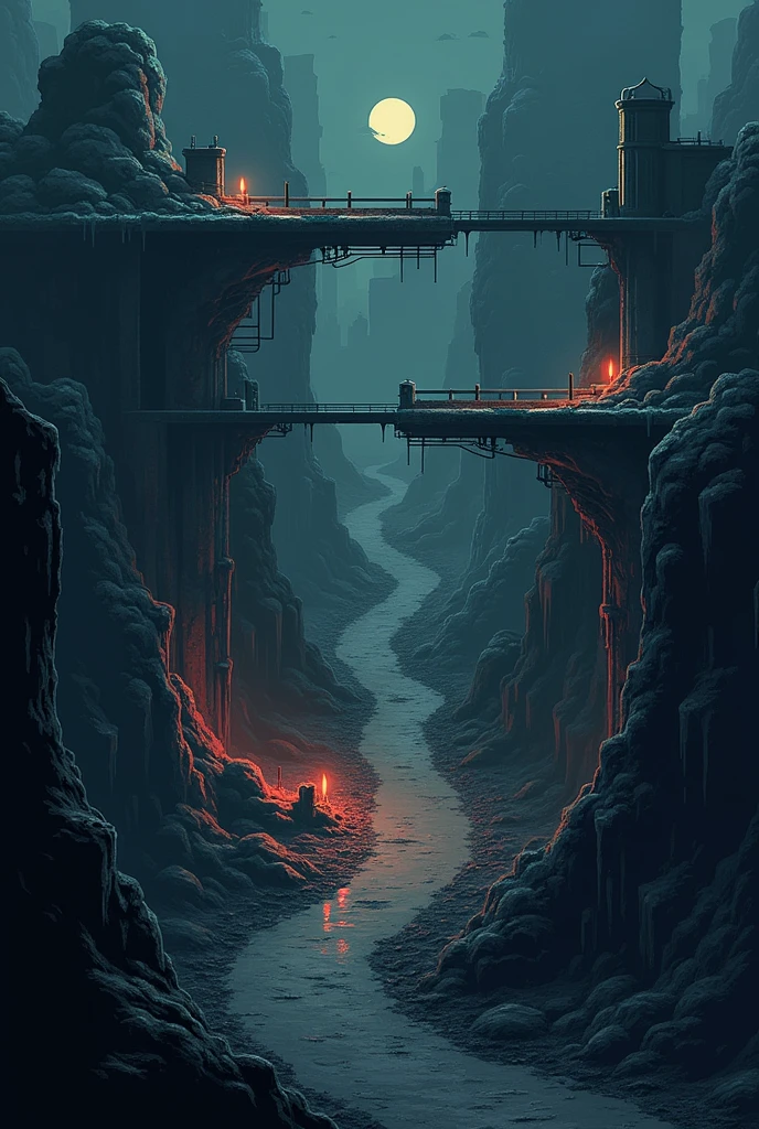 Create a 2d map for a dark video game, use the game Zombotron 2 as a reference, DO IT WITH A FLAT PERSEPECTIVE, horizontal, FROM LEFT TO RIGHT, AND EXPAND THE MAP, WITH PLATFORMS AND ROADS, LITTLE DETAILED, MAKE IT LIKE A SKETCH