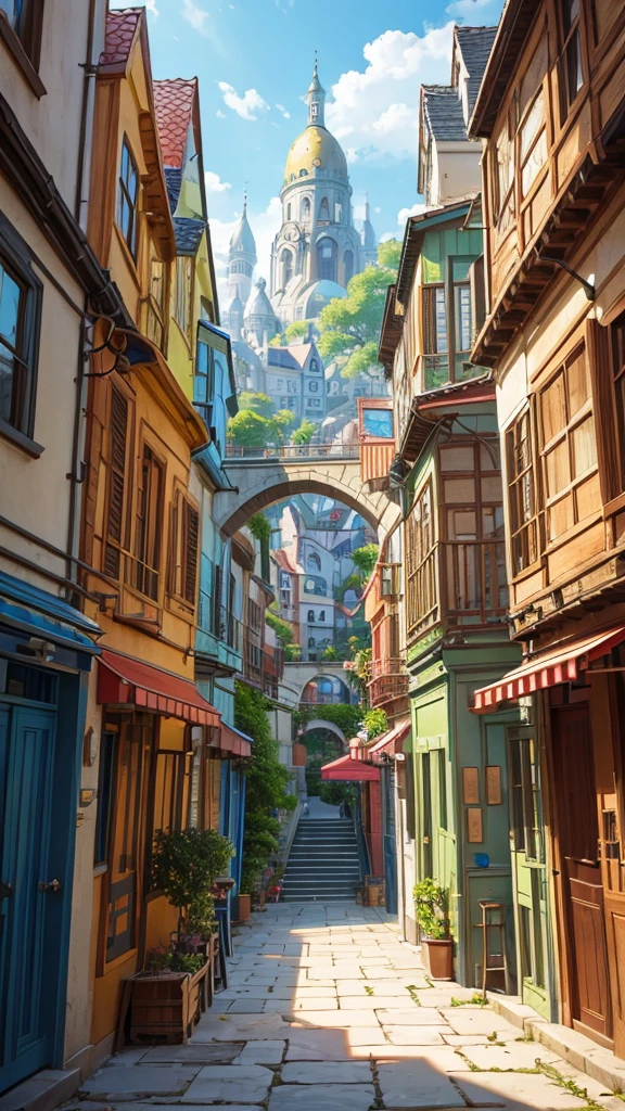 A whimsical and colorful illustration of a crowded, multi-level building with many small rooms. Each room is filled with various characters, including quirky and stylized people, animals, and an alien hidden among them. The setting has a playful, cartoonish style, with vibrant colors and detailed, complex scenes. The architecture is imaginative, with curved walls, arches, and ladders connecting different floors. The overall mood is lively and joyful, with a sense of discovery as the viewer looks for hidden details.